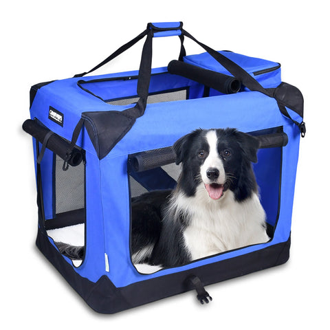 JESPET Soft Pet Crates Kennel, 3 Door Soft Sided Folding Travel Pet Carrier with Straps and Fleece Mat for Dogs, Cats, Rabbits, Indoor/Outdoor Use with Grey, Blue & Beige, Black