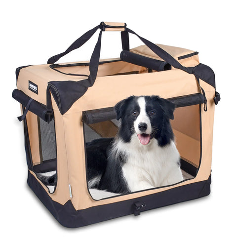 JESPET Soft Pet Crates Kennel, 3 Door Soft Sided Folding Travel Pet Carrier with Straps and Fleece Mat for Dogs, Cats, Rabbits, Indoor/Outdoor Use with Grey, Blue & Beige, Black