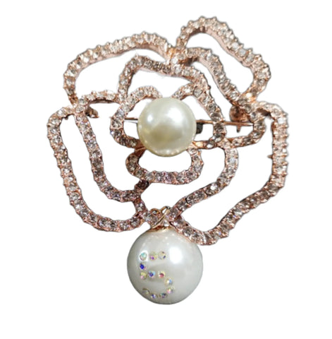 Crystal Camellia Flower Pearl Brooch