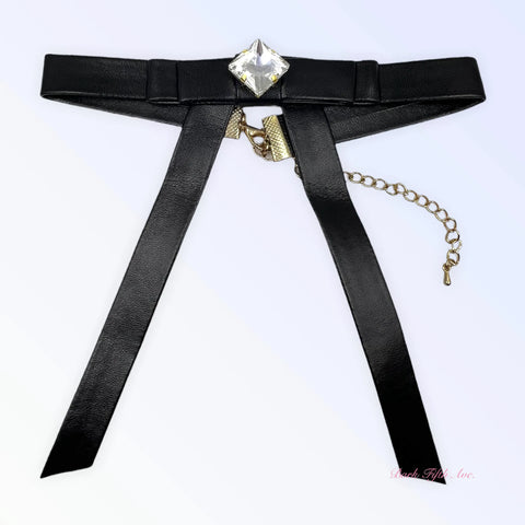 Black Vegan Leather Long Bow Necklace